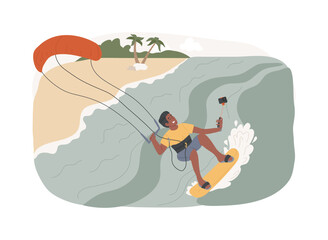 Kitesurfing isolated concept vector illustration. Kiteboarding, parachute water sport, flying adventure, wind speed, extreme fun, action camera, freestyle trick, freedom vector concept.