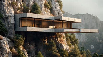 Concrete tiny villa hanging off a lush mountain cliff. Generative AI
