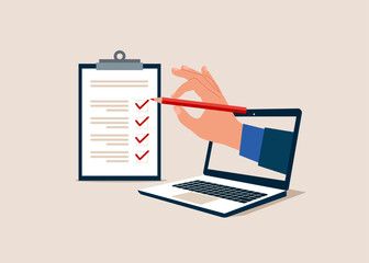 Hand holding pencil and fill list. Interview assessment. Survey form with red pencil. Vector illustration