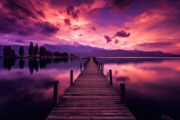 Fototapeta na wymiar wood pier over a lake. sunset. pink and purple sunset sky.