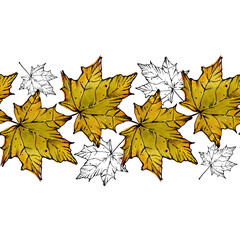Pattern border yellow autumn maple leaves. Fallen leaves. Mixed media: graphics and watercolor. Illustration for packaging design, satin ribbons, fabric. Isolated white background.
