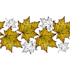Pattern border yellow autumn maple leaves. Fallen leaves. Mixed media: graphics and watercolor. Illustration for packaging design, satin ribbons, fabric. Isolated white background.