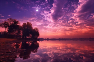 Fototapeta na wymiar lake sunset. pink and purple tones.