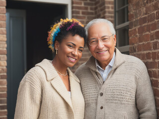 Portrait of a smiling happy african american elderly couple waits a delivery at their door, old brick wall in the background. Concept of active age.