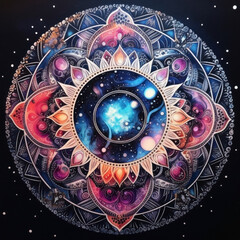 Journey to Balance. universe mandala. stars and planets.