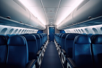 Interior of modern aircraft with flight seats and hallway in daytime during flight. Generative AI