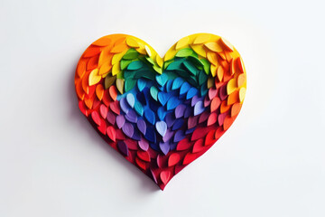 Heart made of small elements in rainbow colors on white background. Generative AI