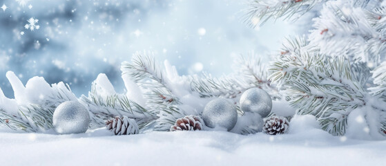 Fototapeta na wymiar New year and Christmas background. Festive celebrate christmas eve banner. Silver christmas balls on snow with fir branches.