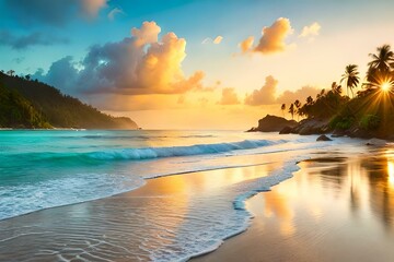 An idyllic beach scene with palm trees, crystal-clear waters, and a setting sun. 