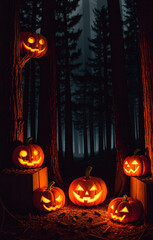 Halloween pumpkins on wooden table in foggy forest. Generative AI