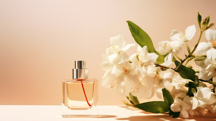 Bottle of luxury perfume and fresh jasmine flowers on beige background