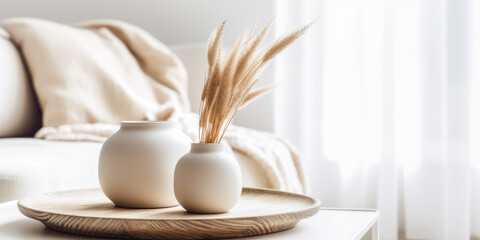 Fototapeta na wymiar Modern white ceramic vase with dried grass on blurred living room interior. Generative AI. 