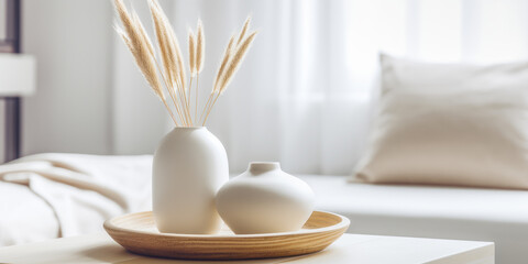 Modern white ceramic vase with dried grass on blurred living room interior. Generative AI.	