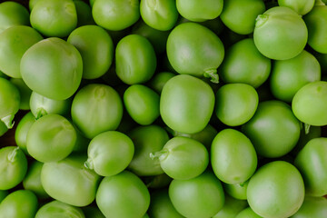 Green Pea. Green background. Peas background. Top view. Closeup. Macro shot of fresh pea.