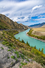 Fototapeta na wymiar Panoramic view of the Katun river and Altai mountains. Altai Republic, Siberia, Russia.