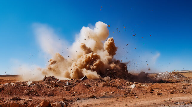 Dust storm after detonator blast on the construction site