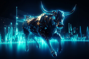 Blue digital bull stock market concept