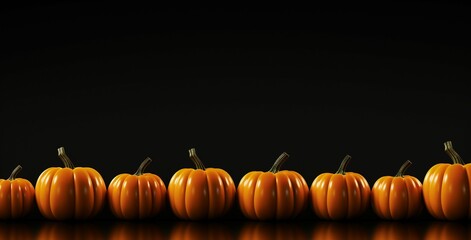 Halloween background, A row of pumpkins along the bottom edge with a solid black background above, in the style of minimalistic