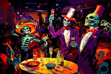 Fototapeta premium Halloween party scene filled with costumed revelers, in the style of pop art illustration, AI Generation