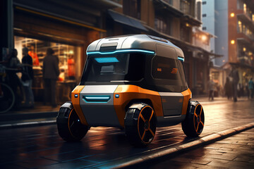 Fototapeta na wymiar Modern fast delivery robot delivering packages around the city, intelligent automaton vehicle for the delivery of food and products.