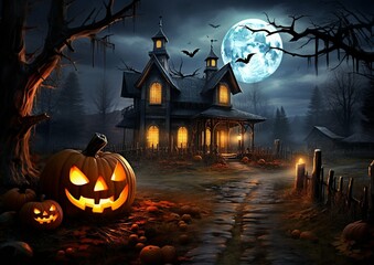 Fototapeta na wymiar Haunted house sits in eerie darkness with glowing pumpkin lanterns, AI Generation