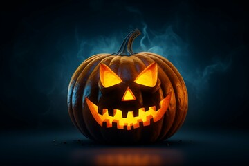 A single, illuminated jack-o'-lantern placed on the dark, AI Generation