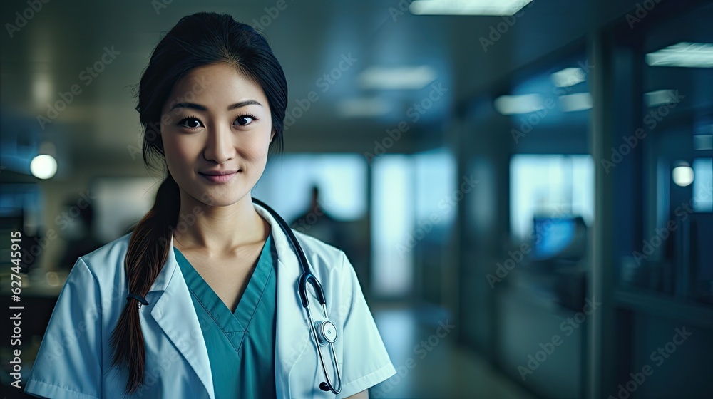 Wall mural Young happy asian woman as a doctor in the hospital.