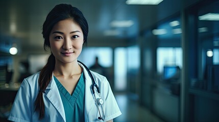 Fototapeta premium Young happy asian woman as a doctor in the hospital.