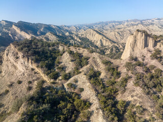 Aerial view of beautiful textures and hills in Vashlovani national park. Gorgeous place in Georgia.
