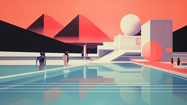  Illustration,  architecture on Bauhaus art, epic swimming pool, futuristic, geometric forms.