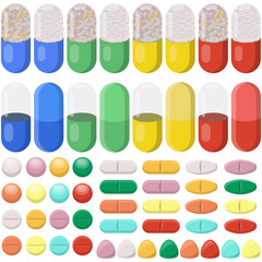 Set of medicines, tablets, drugs for hospital, treatment, doctor, pharmacy. Pills, capsule, tablets, medicine vector illustration