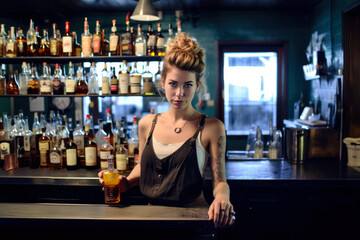 Fototapeta na wymiar Young woman working as a bartender, some tattoos, looks a bit cheeky. Blurred alcoholic beverages background. Generative AI