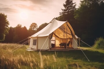 Fototapeta na wymiar Glamping luxury tent in country side, day time camping generative ai