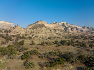 Aerial view of beautiful textures and hills in Vashlovani national park. Gorgeous place in Georgia.