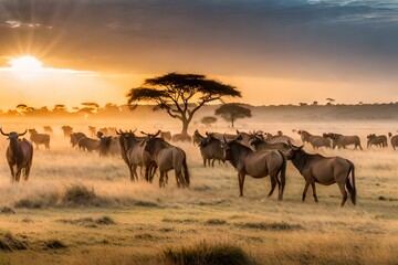 Fototapeta na wymiar herd of wildebeest in serengeti generated Ai.