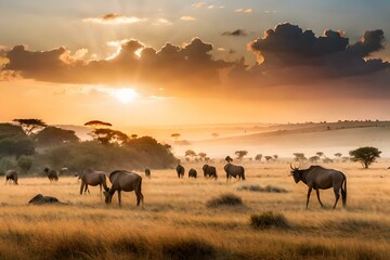Fototapeta na wymiar herd of wildebeest in sunset generated Ai.