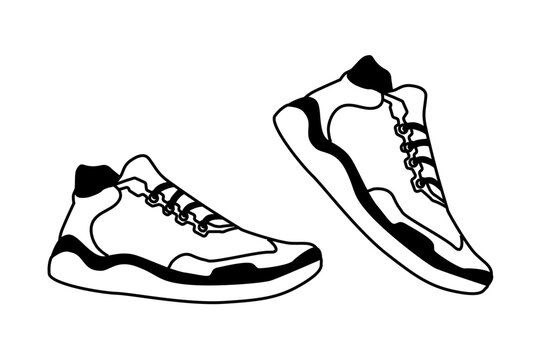 Sport Running Shoes Isolated On White Background. Simple Outline Illustration Of Two Sneaker. Modern Footwear Graphic. 