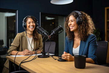 Two young women record podcast and laugh. Generative AI content