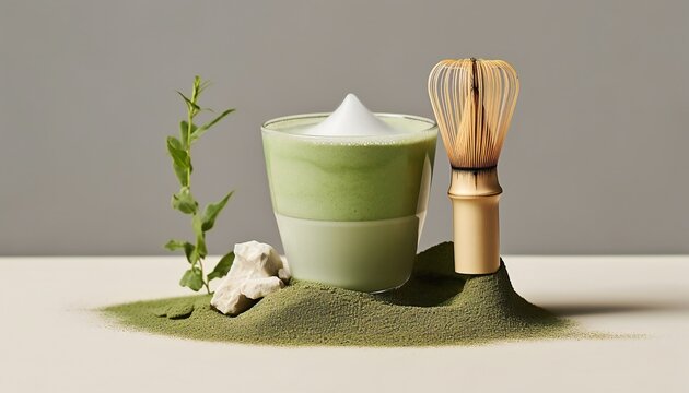 Matcha Latte equipment with green powder on the table