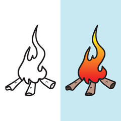 Hand drawn illustration. Vector cartoon style illustration of bonfire. Icon for web. Isolated on white background.