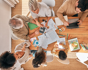 Homework, freelancer and help with big family at table from above for education, learning and kindergarten. Busy, love and care with parents and children at home for remote work, planning and drawing