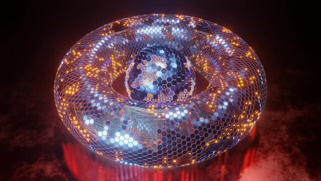 Loop 3d animation of an abstract core made of a set of hexagonal elements and a toa made of hexagons. A fantastic composition of futuristic design. Abstract background.