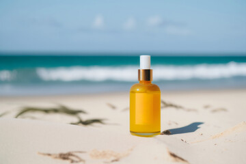 Moisturizing serum after tanning is on the background of the sea. Generative AI
