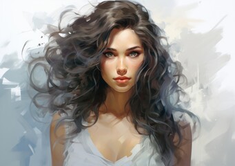 Fototapeta premium Brunette young woman with a beautiful face and glowing eyes