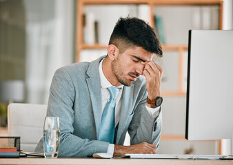 Business man, headache and office computer with stress from auditor burnout at desk. Anxiety, eye pain and tired corporate worker with tech and tax deadline and fatigue from brain fog at company
