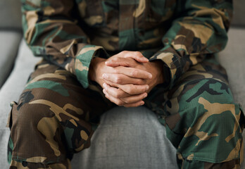 Hands, military veteran and therapy in office with couch consultation or listening to psychologist for healing mental health. Stress, anxiety and soldier in therapy with trauma, problem or depression - obrazy, fototapety, plakaty