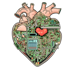 Electronic heart with intricate computer components, a fusion of organic and silicon-based life, cut out