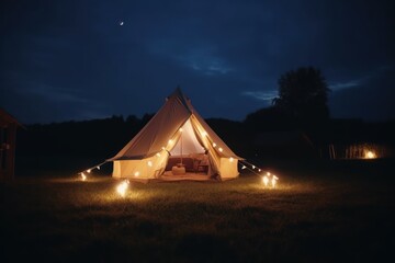 Glamping luxury tent in country side, night time with cozy lights camping concept generative ai
