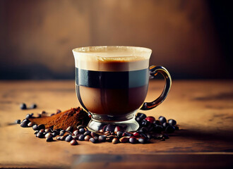 Close up white coffee cup with heart shape latte art on wood tab
