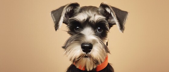Portrait of Schnauzer puppy one year old on beige backdrop with copy space